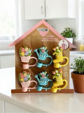 6-Piece Floral Straw Toppers - Pink, Teal, Yellow - New